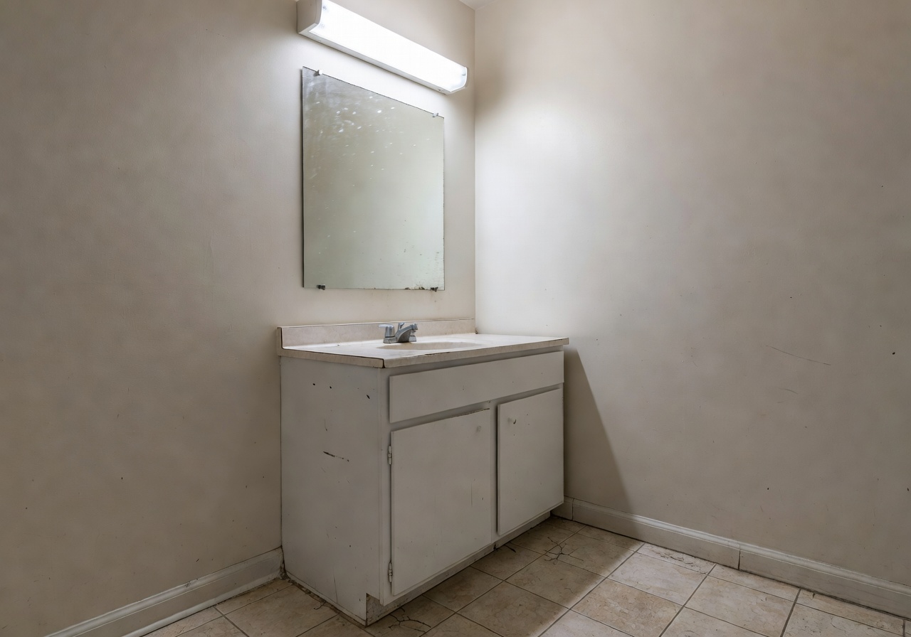 Tired bathroom before AI bathroom remodel with DecorAI