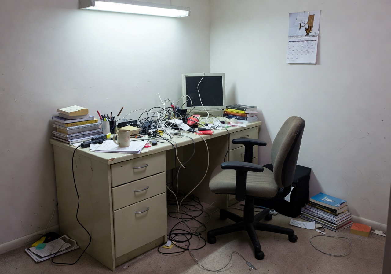 Cluttered home office before AI interior design transformation